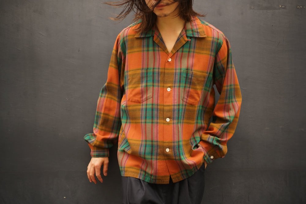 BRENT Vintage Ombre Check Open Collar Rayon Shirt [s