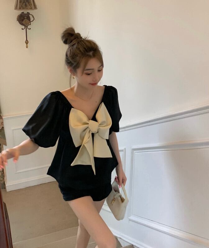 スリーブシャツ トップス サマーリボンVネックジャケット 夏物 モンロー70461120771