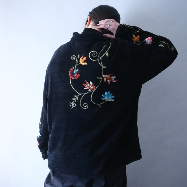"刺繍" flower art full pattern loop button design pile fabric shirt jacket