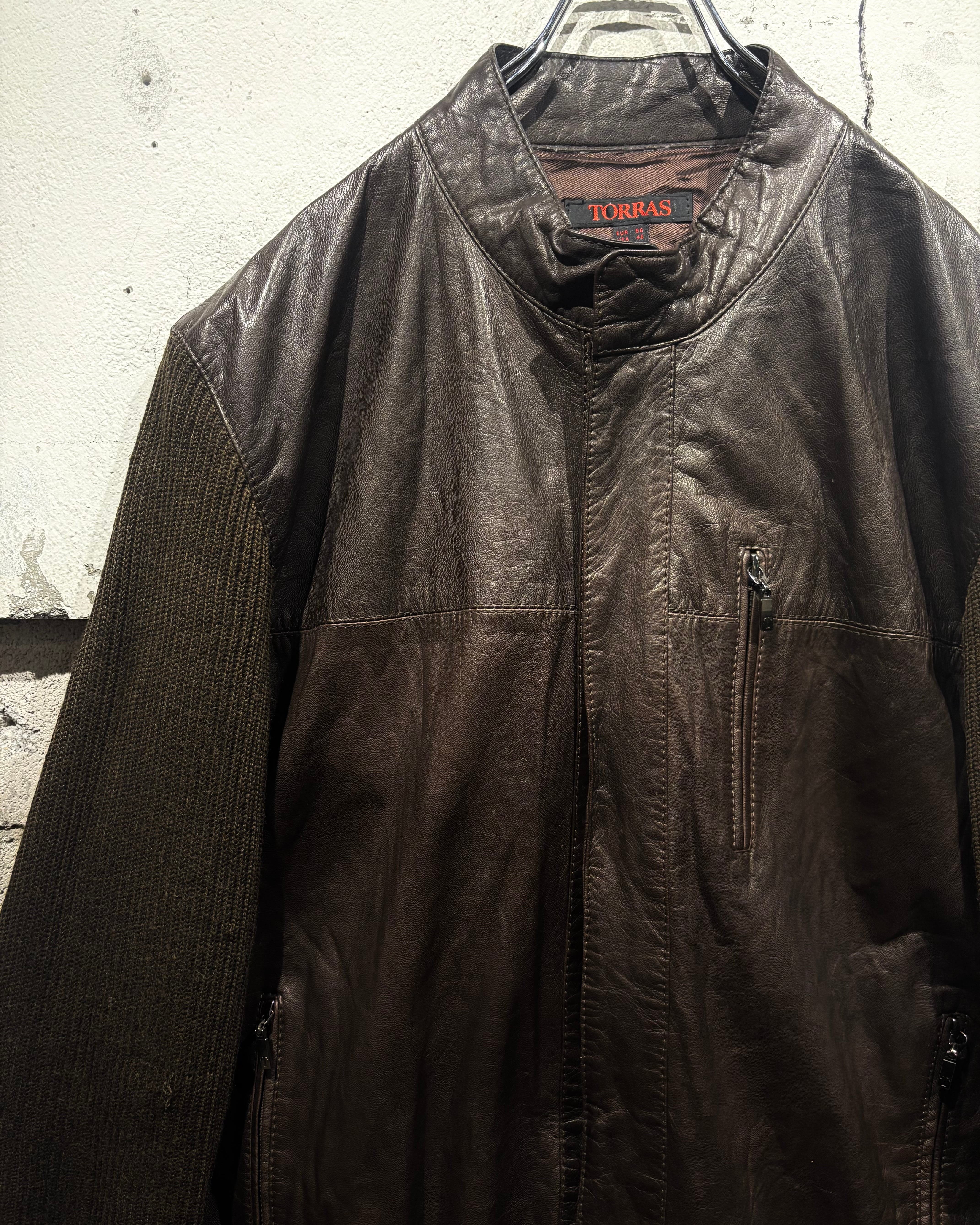 Caka otto】 “TORRAS” Leather Switching Vintage Knit Jacket | Caka
