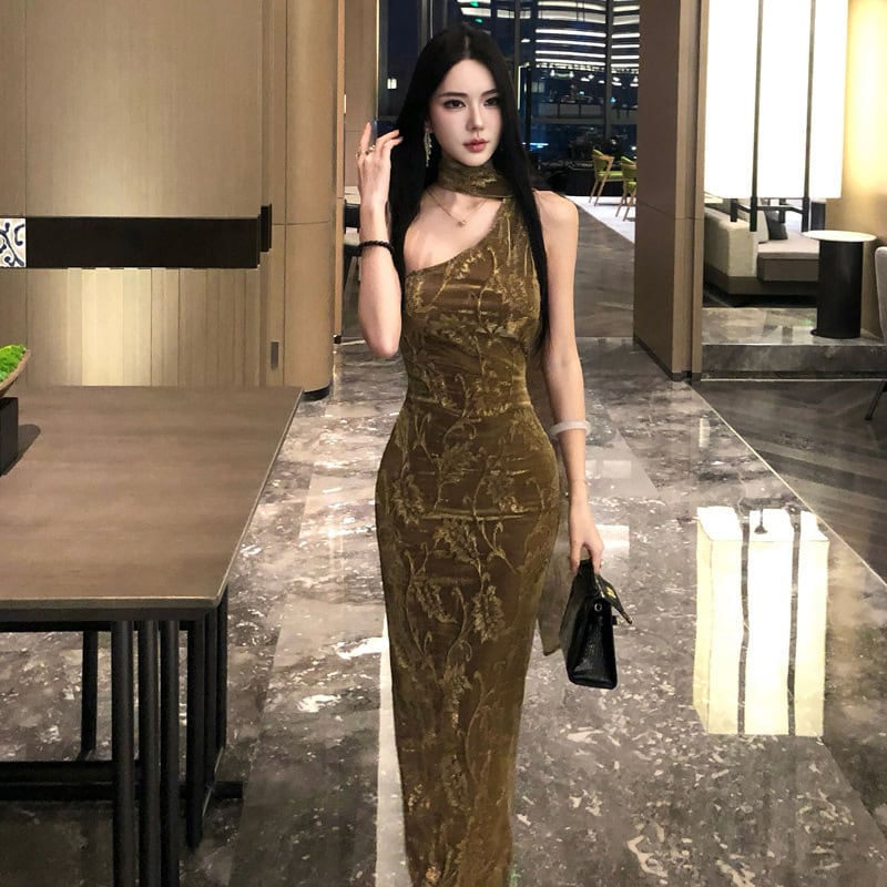 Lady's coco ロングドレス キャバドレス セクシー ワンショルダー タイト フレンチレトロ ワンショルダー パーティー JC2-XHY919311