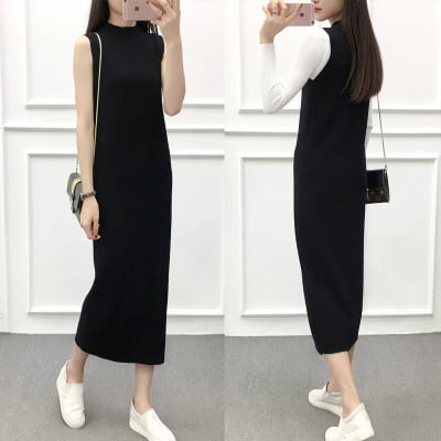ワンピース マキシ丈 ロング丈 おしゃれ 重ね着 ニット ノースリーブ