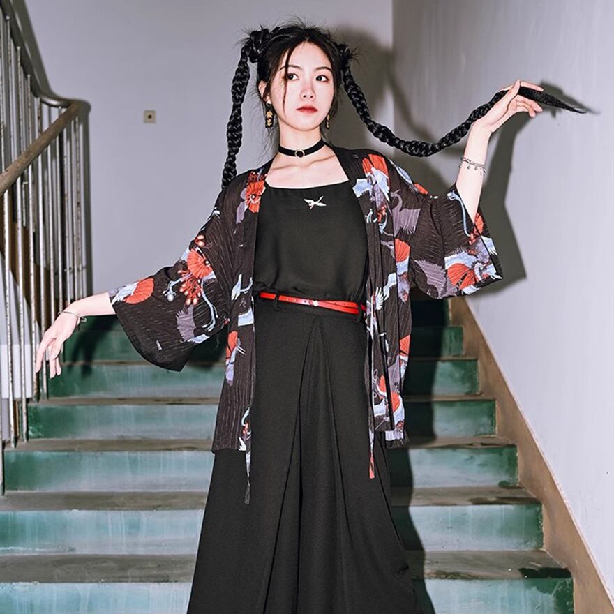 サブカル 服 地雷系 通販 チャイナ風服 チャイナ風服 古怪舎 キャミソール インナー ストラップ 鶴 闇かわいい