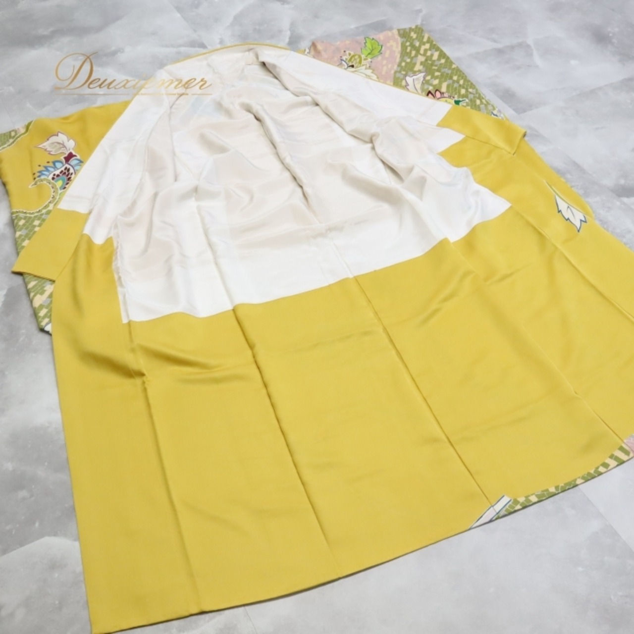 着物 千總 振袖 袷 黄色 絵羽模様 京友禅着物 イエロー系 柄 模様 金彩 銀 衣装 和服 和装 友禅 きもの 結婚式 着付け おしゃれ 伝統 レディース 和服 リサイクル 舞台衣装 結納式 和装体験