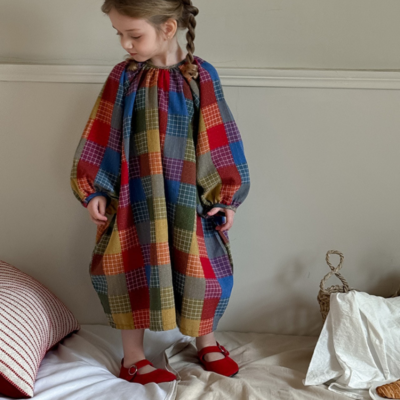 春韓国風レトロチェック柄ワンピース