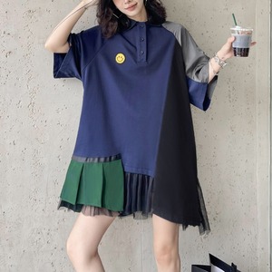 MESH FRILLED HEM STITCH DESIGN MINI POLO SHIRT DRESS 1color M-7079