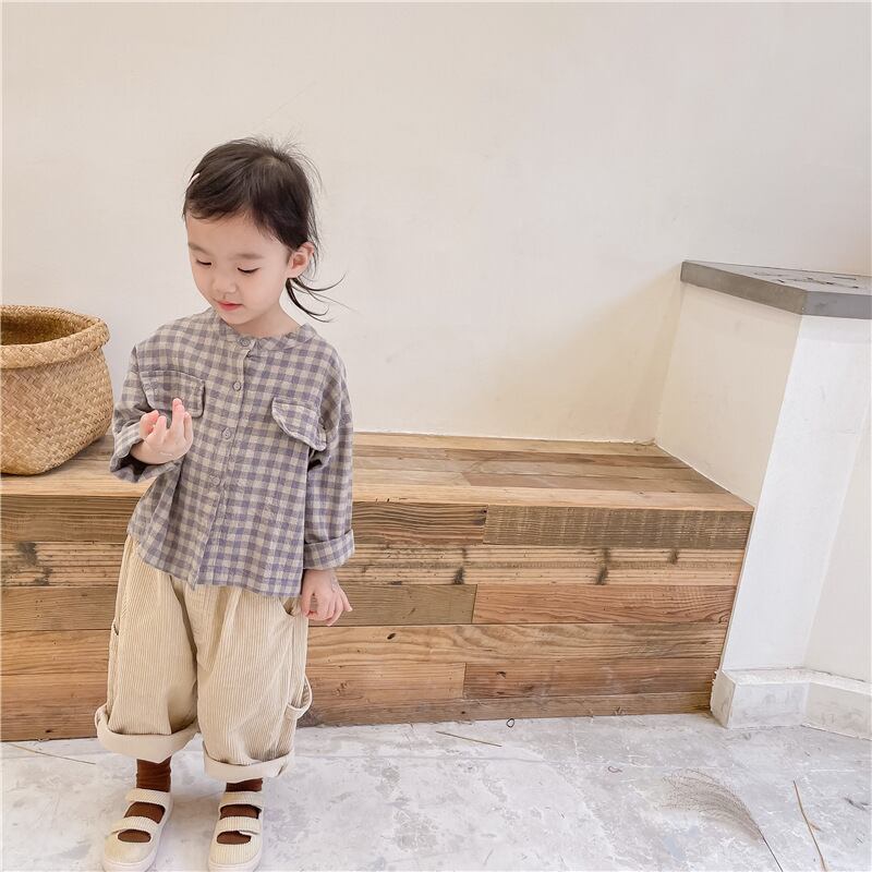 【即納】ノーカラーチェックシャツ|海外子供服|韓国子供服