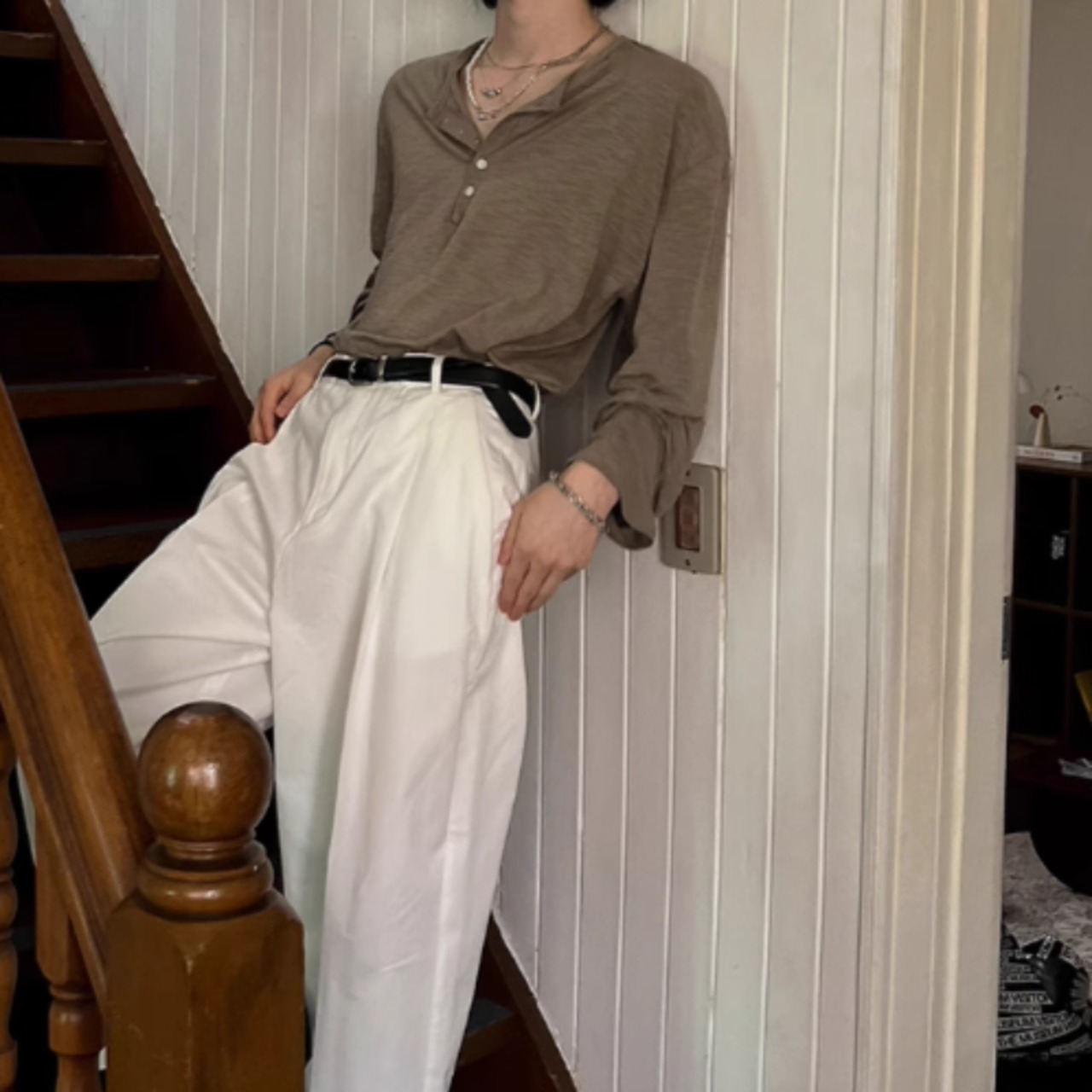 ベーシックヘンリーネックロングTシャツ　0829