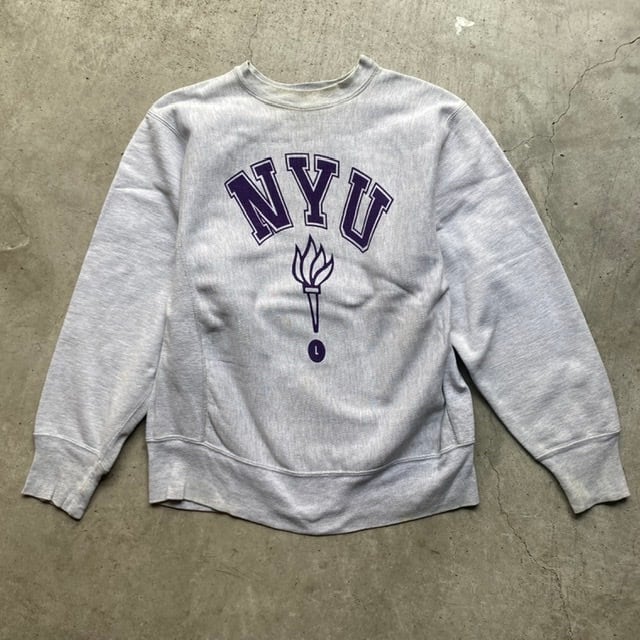 80年代 80s トリコタグ Champion チャンピオン REVERSE WEAVE リバースウィーブ NYU NEWYORK  UNIVERSITY ニューヨーク大学 染み込みプリント カレッジスウェット トレーナー ヴィンテージ ビンテージ ライトグレー オートミール 灰色  メンズL 古着 ...