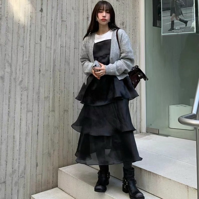 フリルデュアルナシワンピース ティアード キャミソール