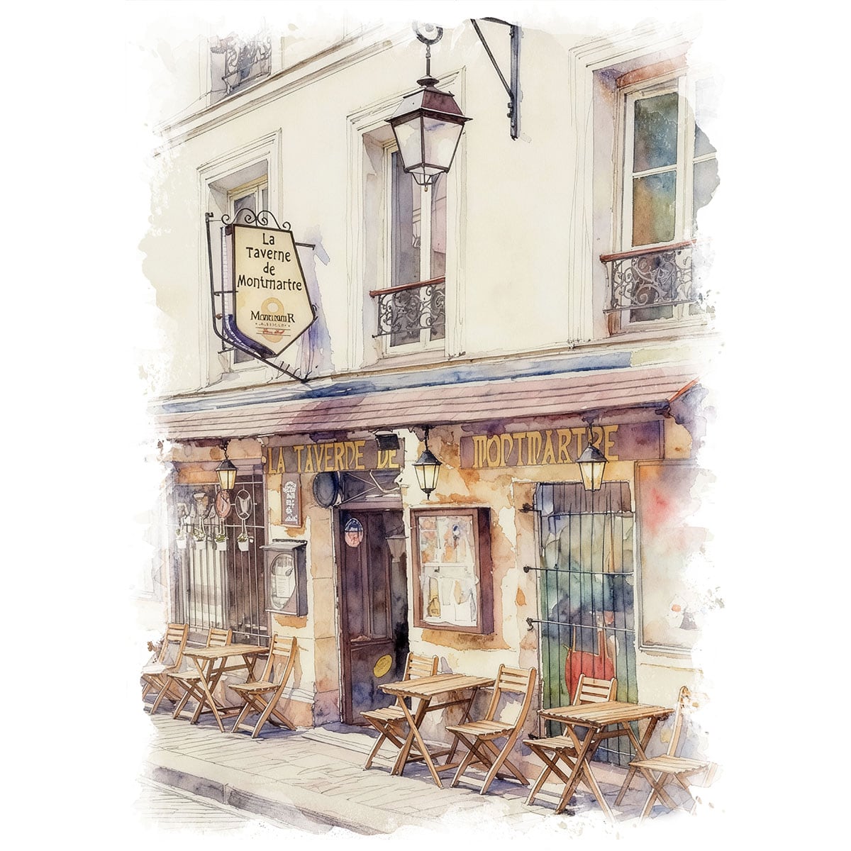 水彩画　風景画　パリ　ヴィンテージ 水彩 モンマルトル パリ 街並み　リトグラフ 絵画 フランス 風景画(街並み) パリ モンマルトルのカフェ インテリア