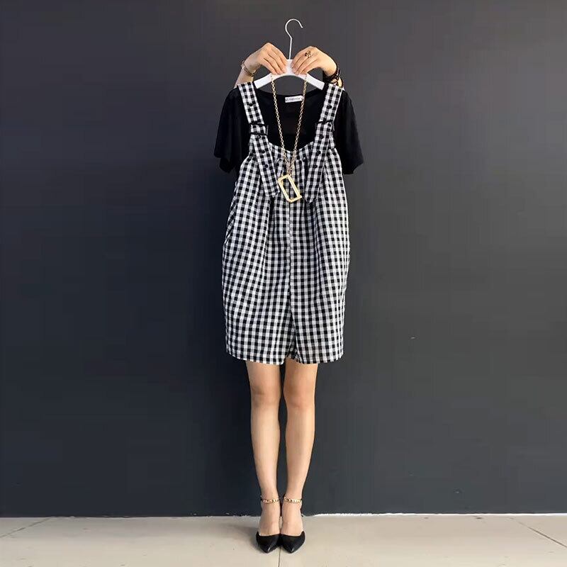 サマー薄手格子柄ショーツ スタイルTシャツ 大きめサイズ 夏物 ブルマー ミックスインファッション76854353162