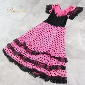 フラメンコ 衣装 ワンピース ドレス ピンク 黒 ドット フリル レース 水玉 ブラック系 ピンク系 フェミニン 可愛い ゴスロリ キュート おしゃれ パーティー用 スカート ドット柄 コスチューム 楽しい