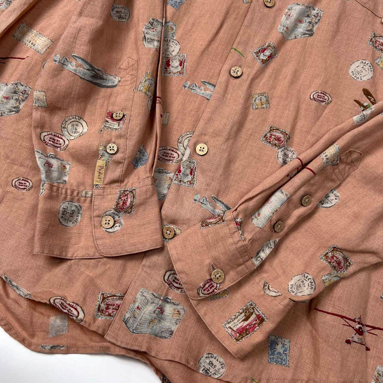 PAPAS パパス ISLAND 総柄 麻100% 長袖 リネン シャツ サイズ 50/L /ピンク系