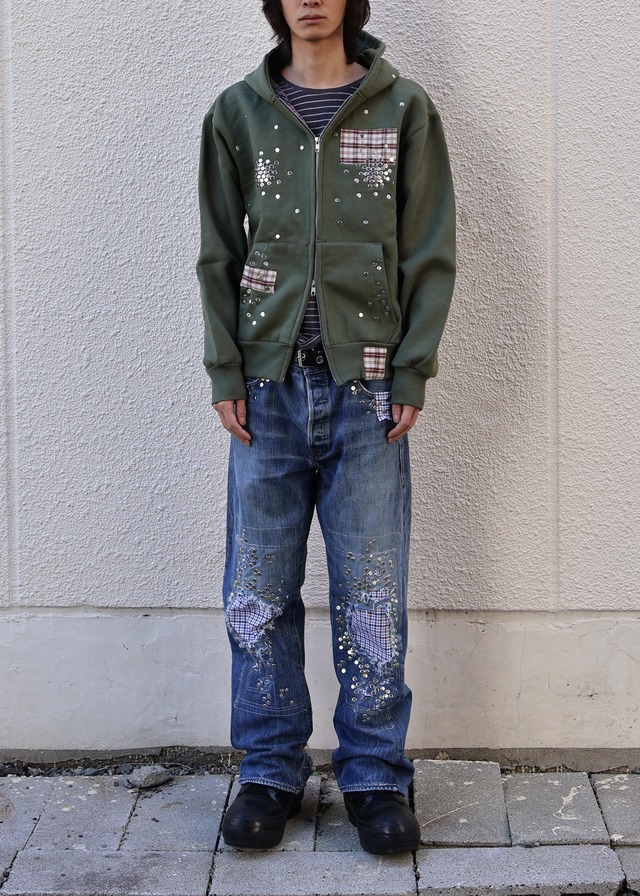 【Hannah Creak/26aw】Studded Hoodie Double Zip khaki