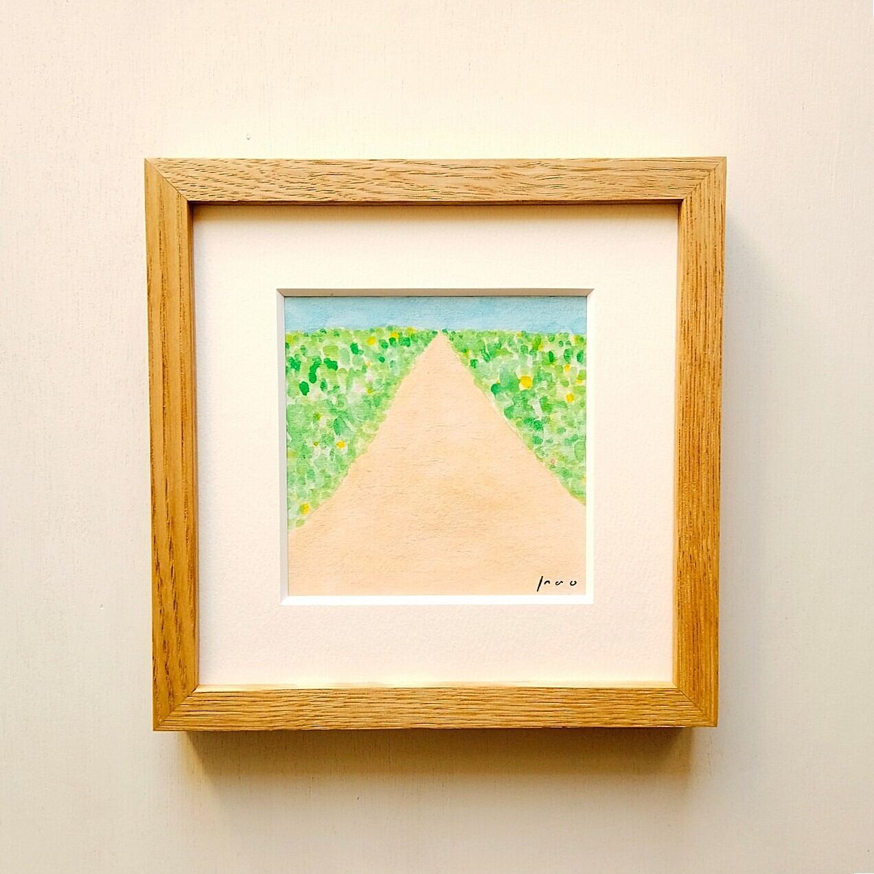 水彩画 自然風景 木製フレーム付き 原画「霧けぶる森」※木製額縁入り（18㎝角）イラスト・水彩