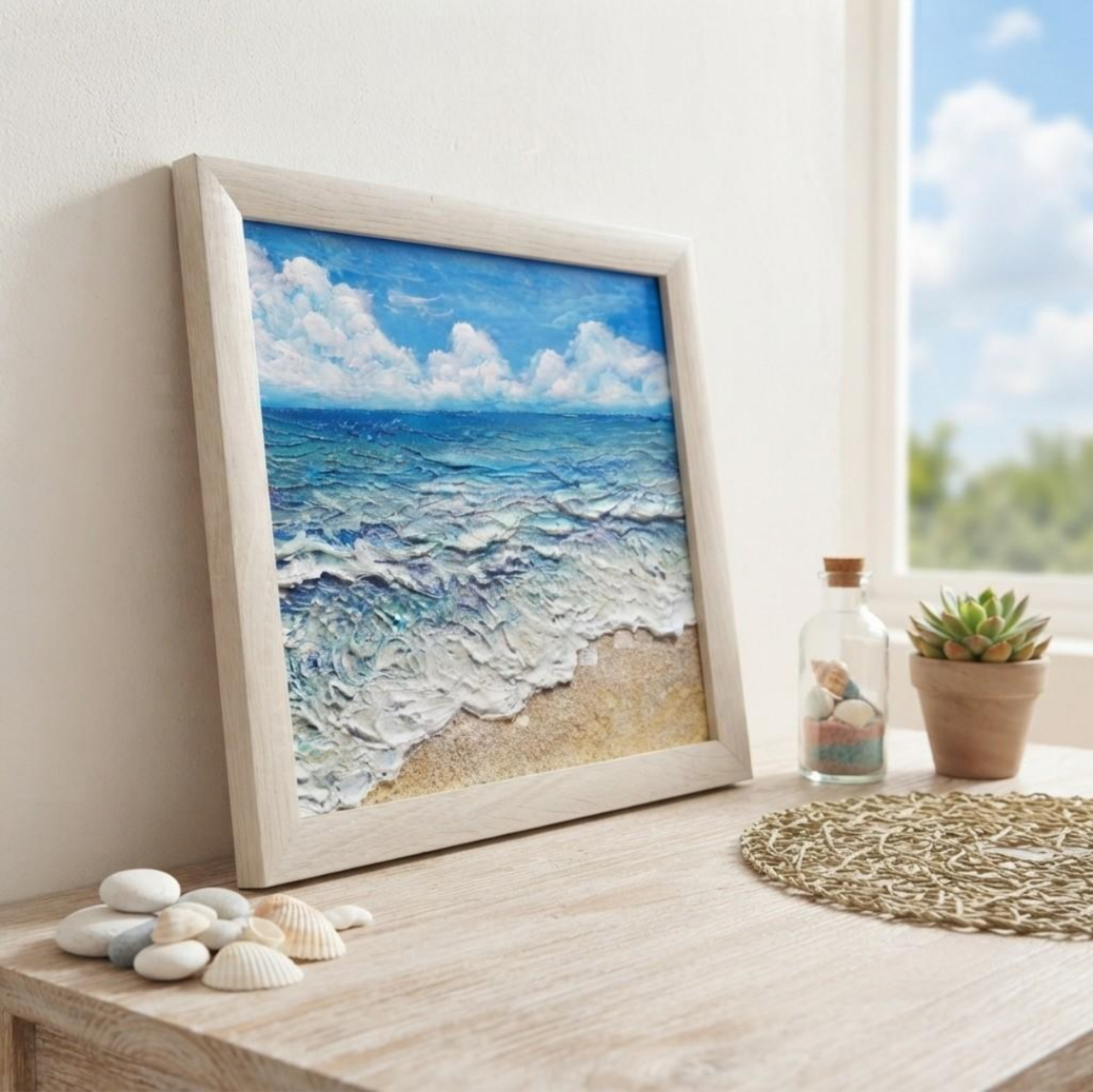 海の風景 油彩画 木製フレーム 原画】油絵『潮騒の記憶』夏の海の立体アート 額装込み | HIROSHI1990