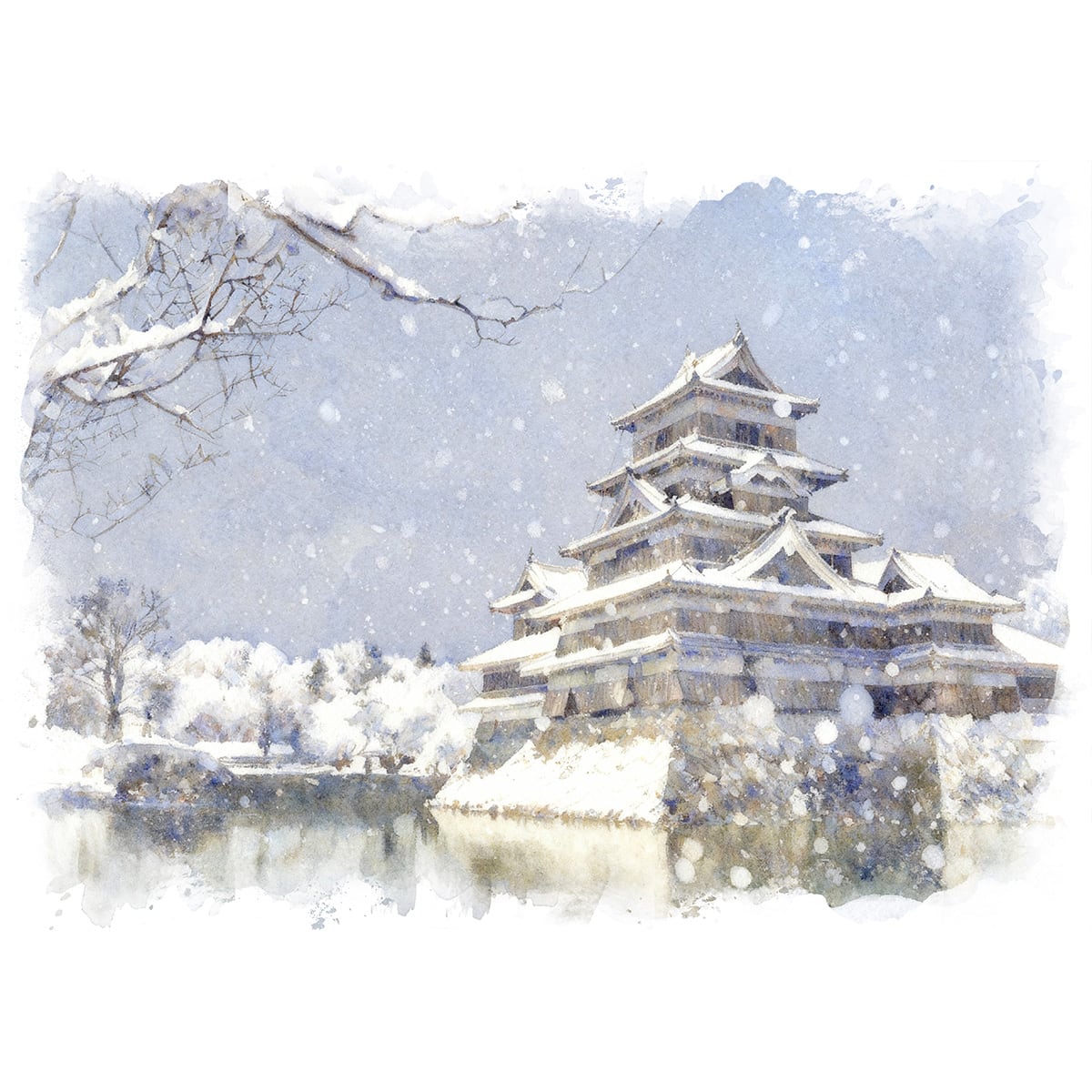 絵画 風景画 日本の城 冬 長野県 雪の松本城 インテリアアート額付き