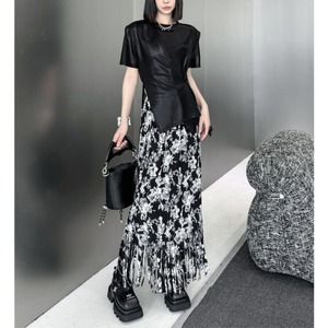 Pleated Flared Long Maxi Skirt Asymmetrical Design       00097