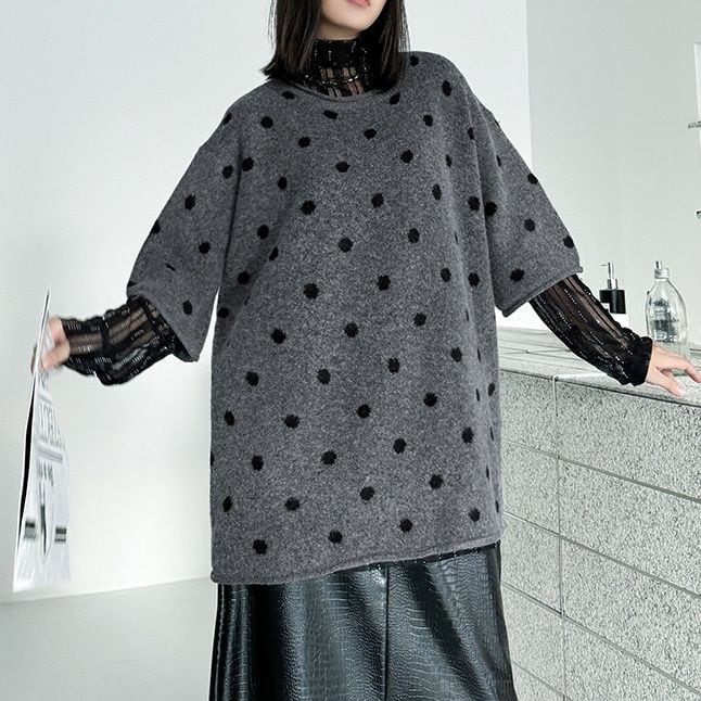 DOT ROUND NECK HALF SLEEVES OVERSIZED PULLOVER KNIT 2colors M-15160