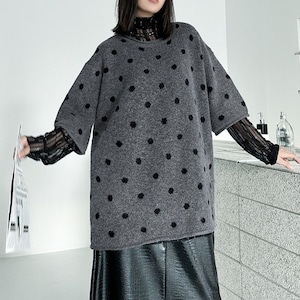 DOT ROUND NECK HALF SLEEVES OVERSIZED PULLOVER KNIT 2colors M-15160