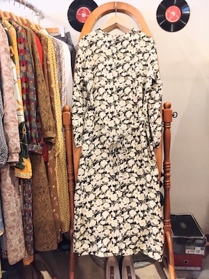 白いユリと白いバラ柄ワンピース/日本製メイドインジャパンMADEINJAPANVintage古着服国産