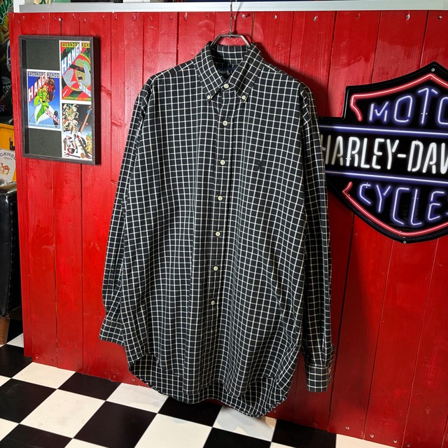 90s Ralph Lauren / チェック柄コットンシャツ / BLAKEフィット / ブラック×ホワイト / 長袖BDシャツ