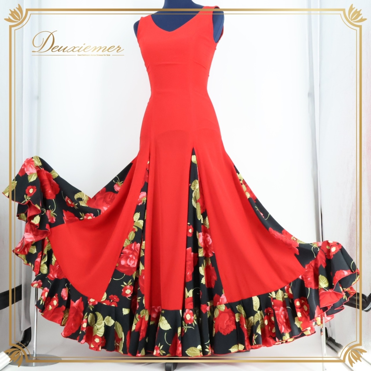 【フラメンコ衣装】レッド HERMOSA IBERIA エルモサイベリア ワンピース ドレス 赤 黒 フリル ボランテ 花柄 お洒落 豪華