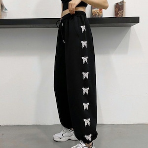 バタフライ スウェット パンツ レディース 春秋冬 ルームウェア おしゃれ ストリート系 大人 かわいい 蝶 スポーツ ハイウエスト きれいめ 大人可愛い 大人女子