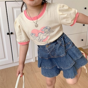 「予約」夏新作 韓国風 子供用 パフスリーブ プリント Tシャツ 女の子 ベビー かわいい 半袖