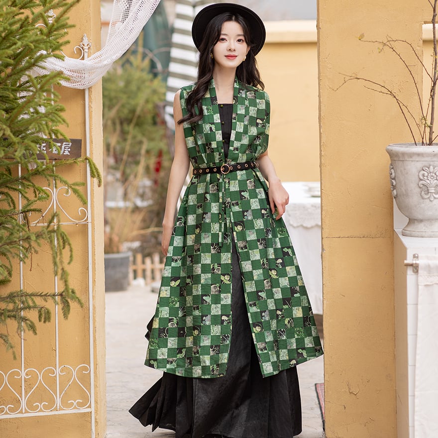 サブカル 服 地雷系 通販 チャイナ風服 羽織り ジレ ロングベスト 市松柄 レトロ風 池夏オリジナル 夏服