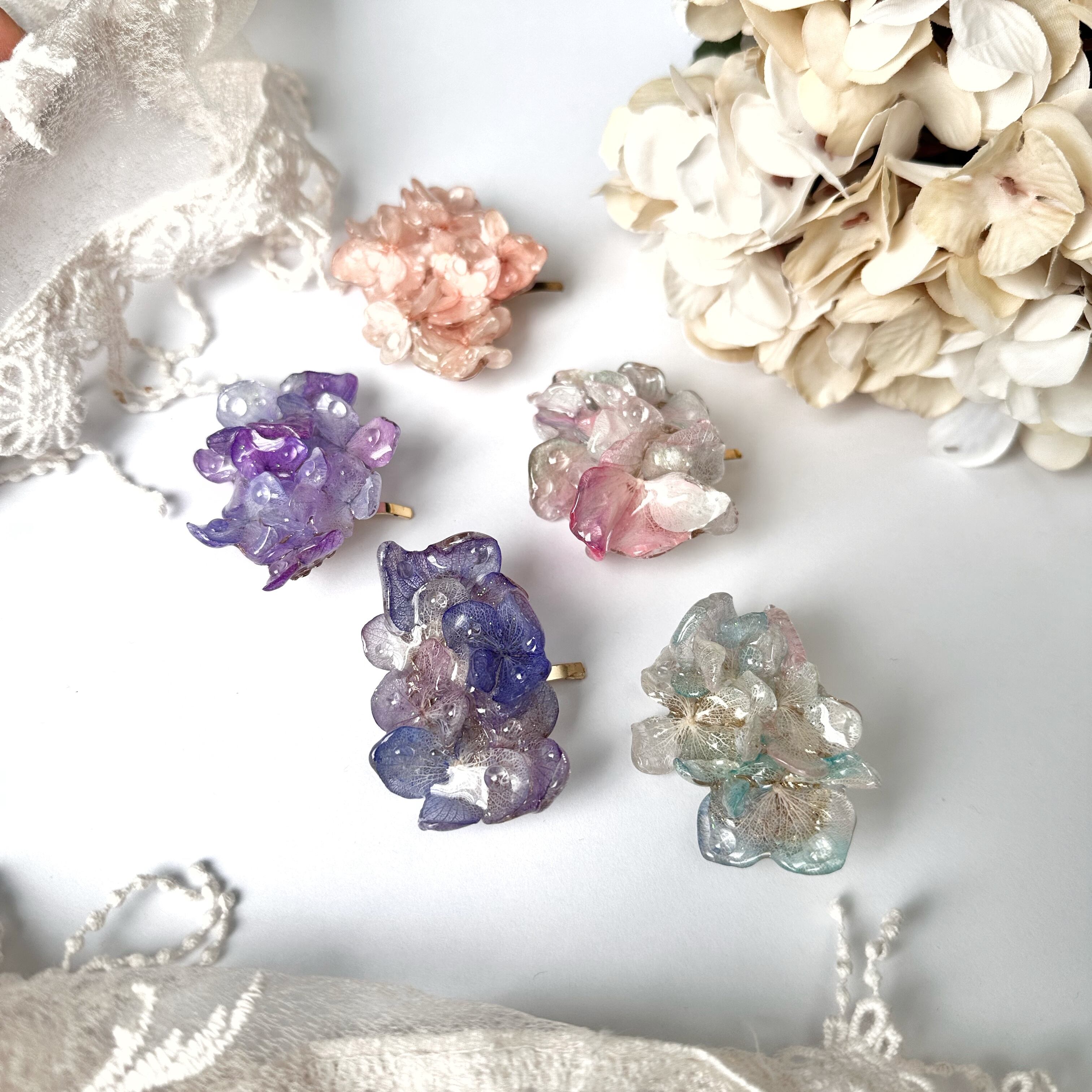 朝露 ポニーフック 枯れない本物の紫陽花使用