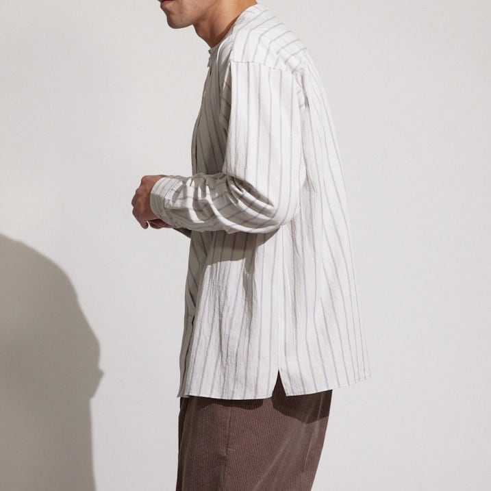 WASHER STRIPE BAND COLLAR SHIRT / ワッシャーストライプバンドカラー