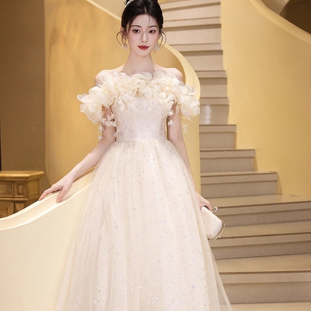 ロングドレス キャバドレス パーティードレス フェミニン シャンパンカラー 立体フラワー きらきら 誕生日 パーティー JC2-ZX318