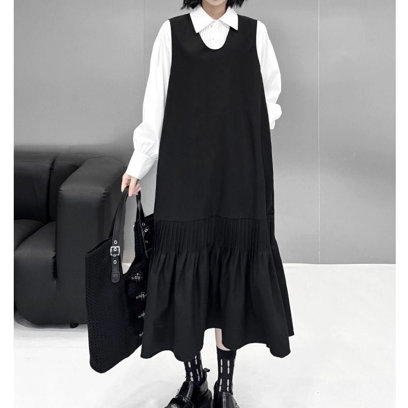 BLACK U-NECK A-LINE JUMPER DRESS & WHITE SHIRT 2colors M-11639
