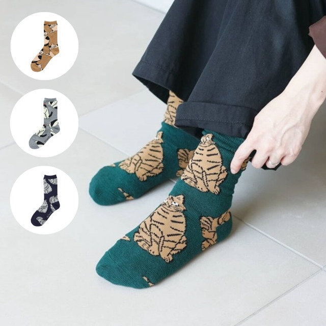 【松尾ミユキ】ウール混 ソックス Wool Blend EMB'D-cat