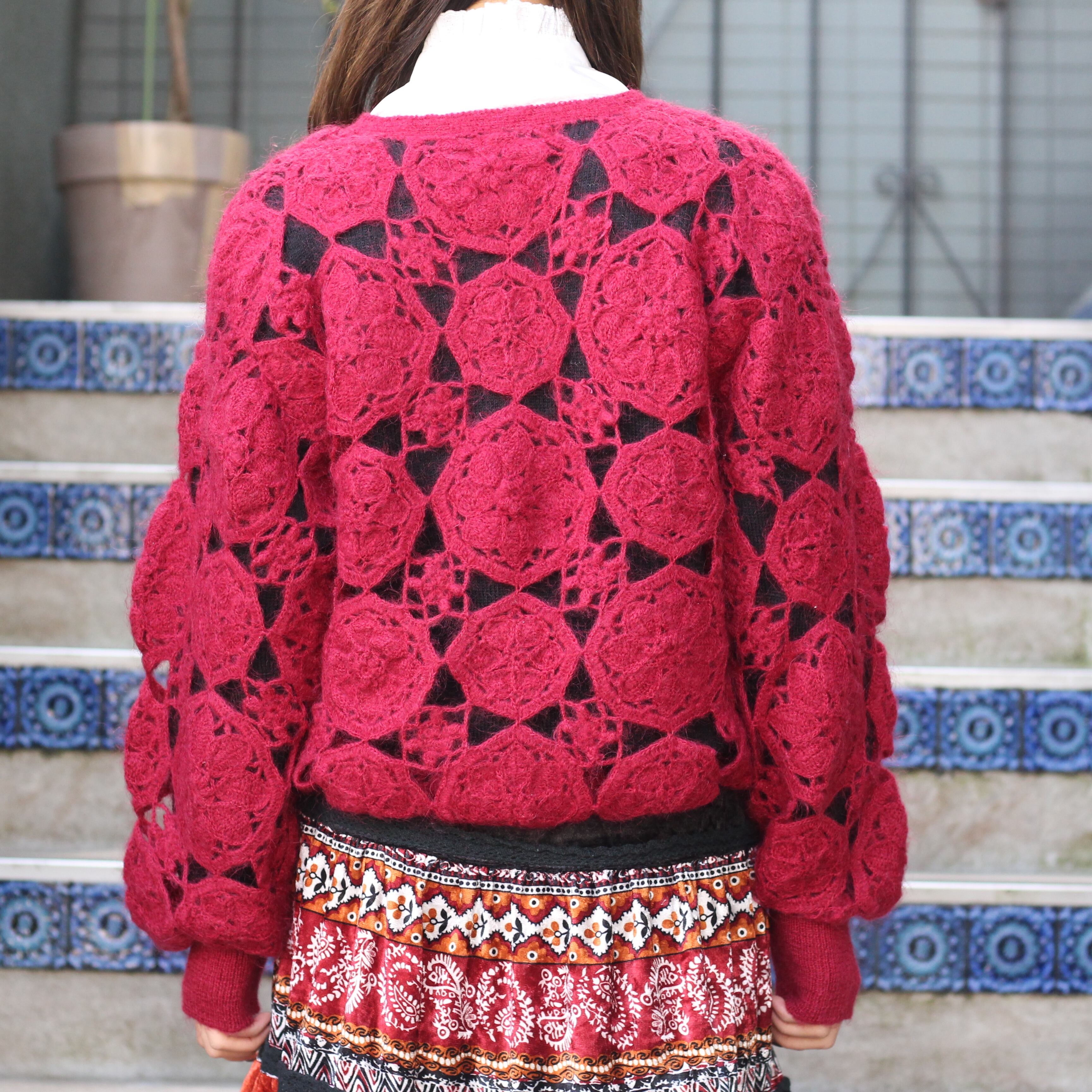 RETRO VINTAGE CROCHET KNITTING DESIGN CARDIGAN/レトロ古着鍵編み