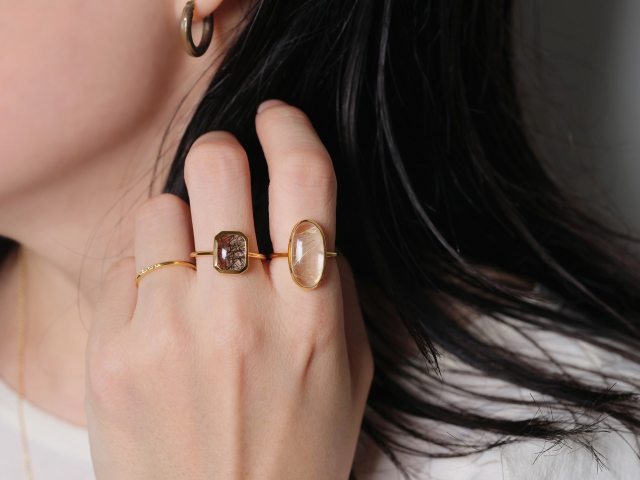 S925 SINGLE STONE THIN RING -BLACK RUTILE QUARTZ- 02