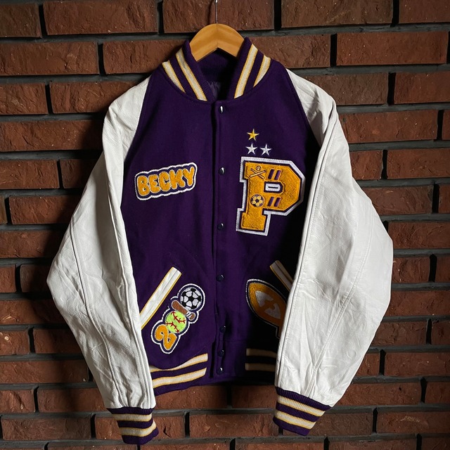 70s たのしい champion athletic スタジャン ウール&レザ 復刻】