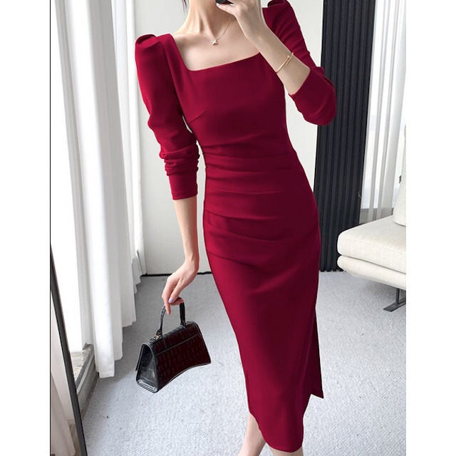 ワンピース レディース ワンピースドレス 長袖 スクエアネック  