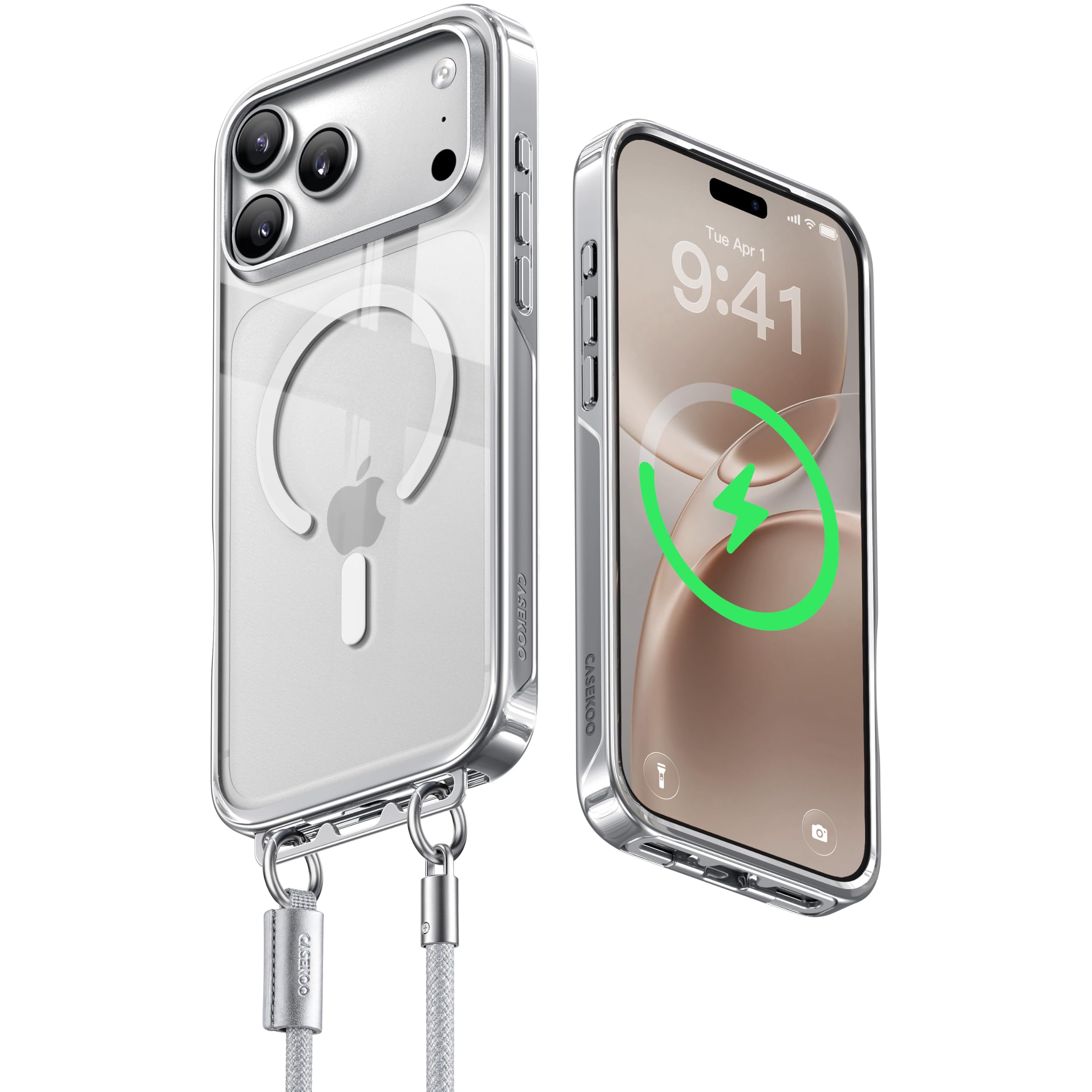 CASEKOO iPhone 18Pro/17Pro 用 【業界初ストラップ構造・Magsafe対応】 クリア 隠しバックル 最大25W急速充電対応 超 耐衝撃 高耐久性 透明 黄変防止 スマホ ストラップ ハンドストラップ付属 落下紛失防止 両手解放 いphone18pro/17Pro 用 6.3インチ「LINKOO」(シルバー)