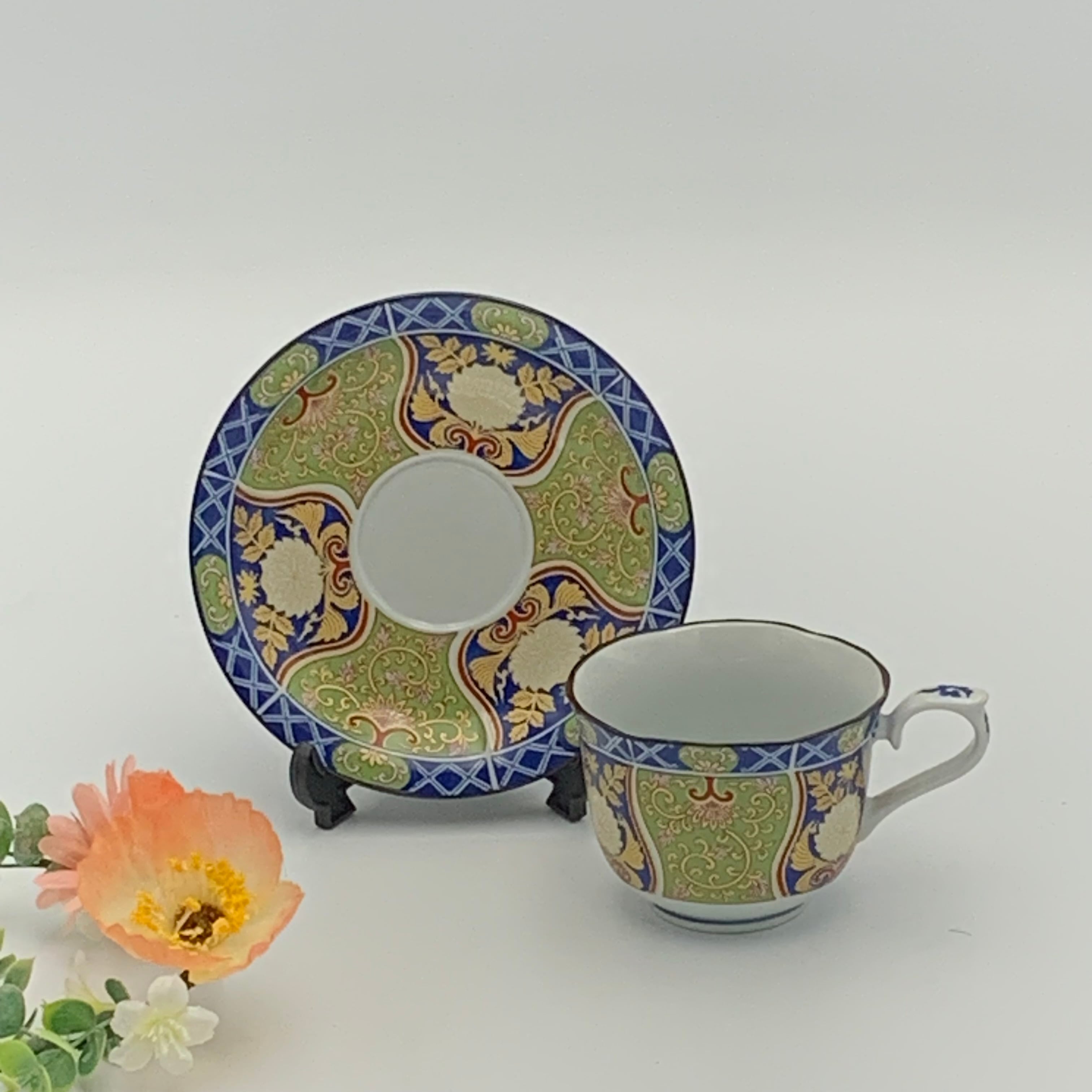 アウトレット 波佐見焼 錦コーヒー碗皿（緑）カップ＆ソーサー