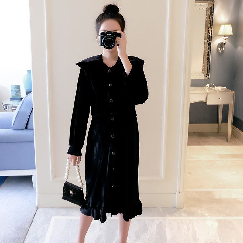 【新作】【送料無料】 マタニティウェア2020春と秋の新しい流行のマザーVネックドレスファッションスタイルゴールドベルベットミドルレングスマタニティドレス-アリババ スプリング 春物 オータム 秋物 expec223108825516