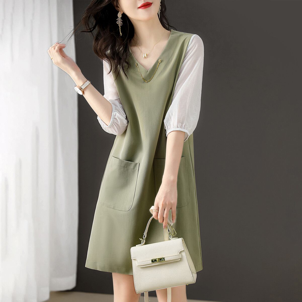 ワンピース レディース ミニワンピ ショート ショート丈 ミニ ミニ丈 七分丈 Vネック 切り替え かわいい 大人可愛い きれいめ 上品 エレガント 清楚 フェミニン おしゃれ お洒落 綺麗 お嬢様 こなれ感 キュート ロマンチック 抜け感 送料無料 存在感 通勤 デート お出かけ 女子会 休日 美術館巡り アート鑑賞 お買い物 M L XL 2XL 3XL 4XL 緑 グリーン 秋 冬 10代 20代 30代 40代 韓国 韓国系 着回し 普段使い パーティー コーデ モテ バイカラー インスタ映え