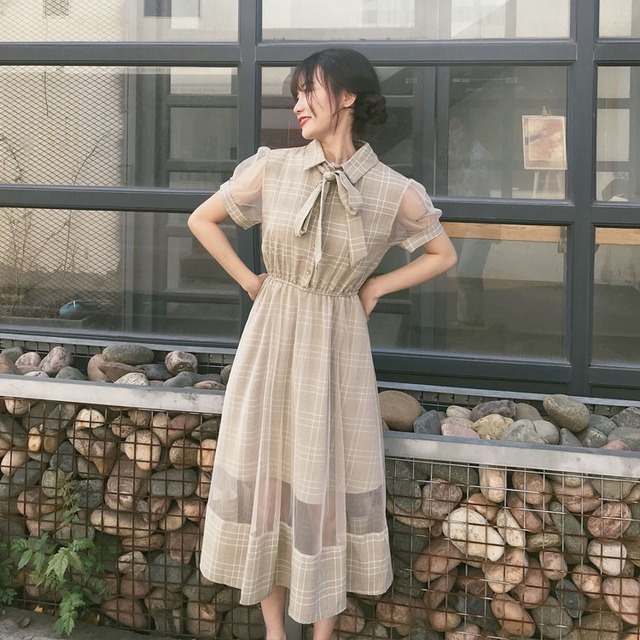 シースルー リボンタイ チェック柄 ワンピース 半袖 パステルカラー ガーリー カジュアル 大人可愛い 春夏 デート お出かけ 女子会 Officewalaa オフィスワラア レディースファッション スタイル