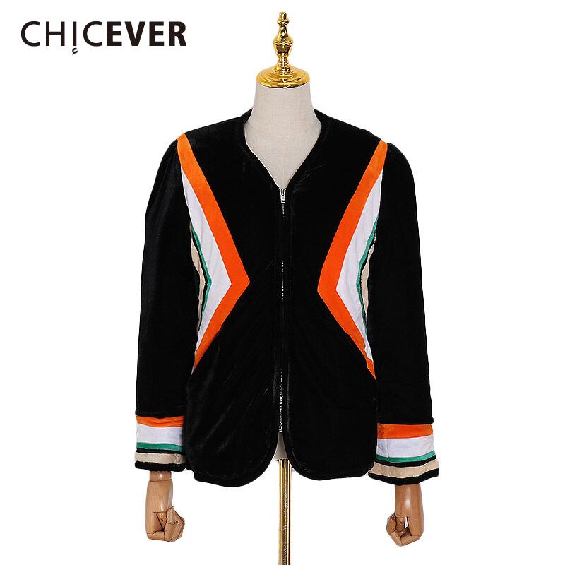 CHICEVERパッチワークヒットカラーストライプジャケットレディースVネック長袖オーバーサイズルーズコート2020服 ロング 6base596399800478