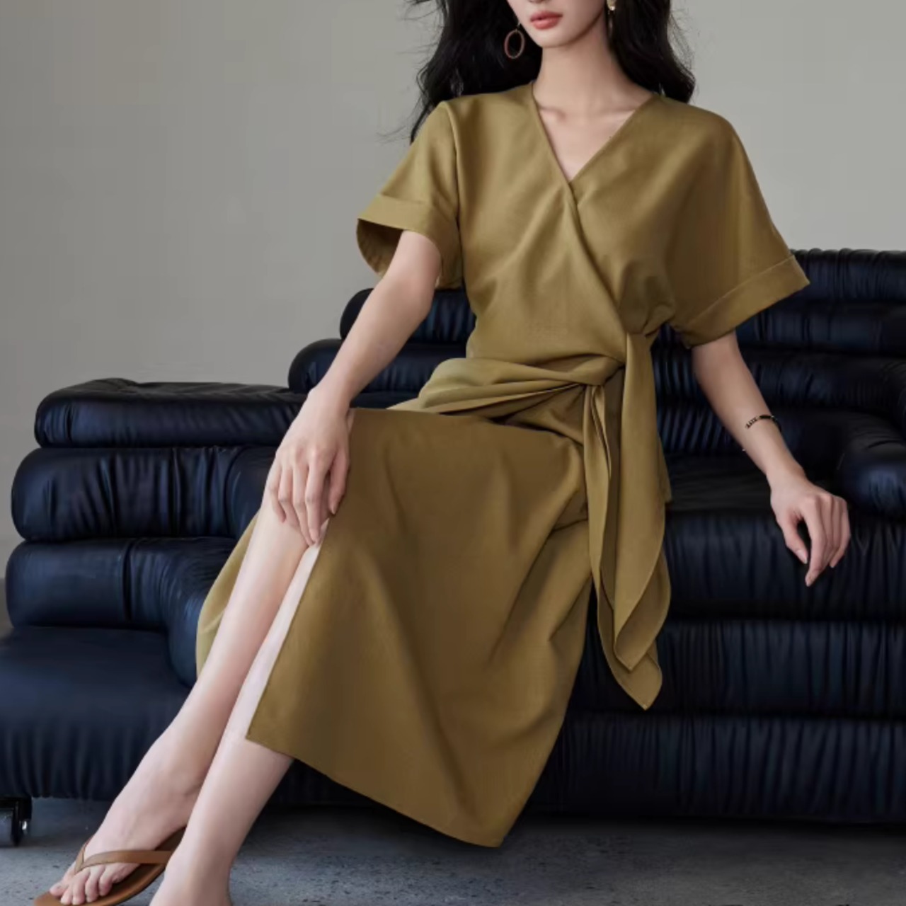 ウエストリボン 半袖 ミモレ丈 ワンピース 00142・画像8