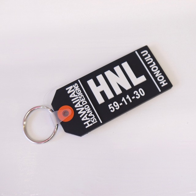 ★ハワイアン雑貨★HAWAII ホノルル ラゲッジラベル キーリング／タグ キーホルダー／ハワイ／ラバーキーホルダー／HID黒＜HKR-008＞