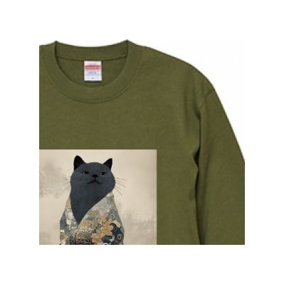 「和の華、纏う猫 」スウェット リブ付/"Cat Wearing Japanese Flowers" Sweatshirt with Ribbed Detail