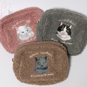 もこもこボアポーチ　ねこブリティッシュ　ショートヘア　ココアブラウン